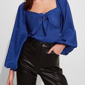 Express Royal Blue Tie-Front Long Sleeve Blouse